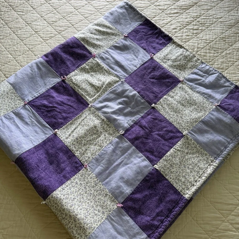 Vintage Patchwork Quilt – Purple & Lavender Floral – Hand-Tied – 57” x 57”